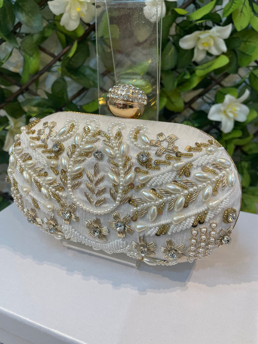 Ivory Embellished Oval Clutch - House Of Swavo