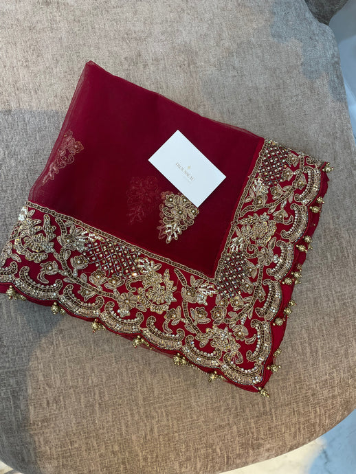 Red and gold embroidered bridal scarf - House Of Swavo