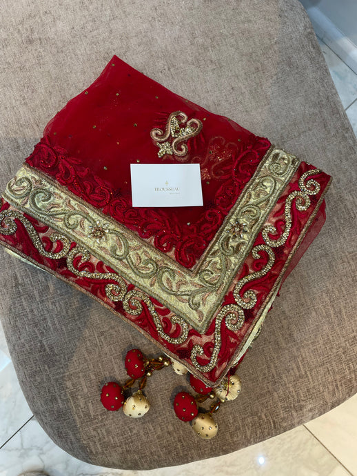 Cherry red and gold bridal scarf - House Of Swavo